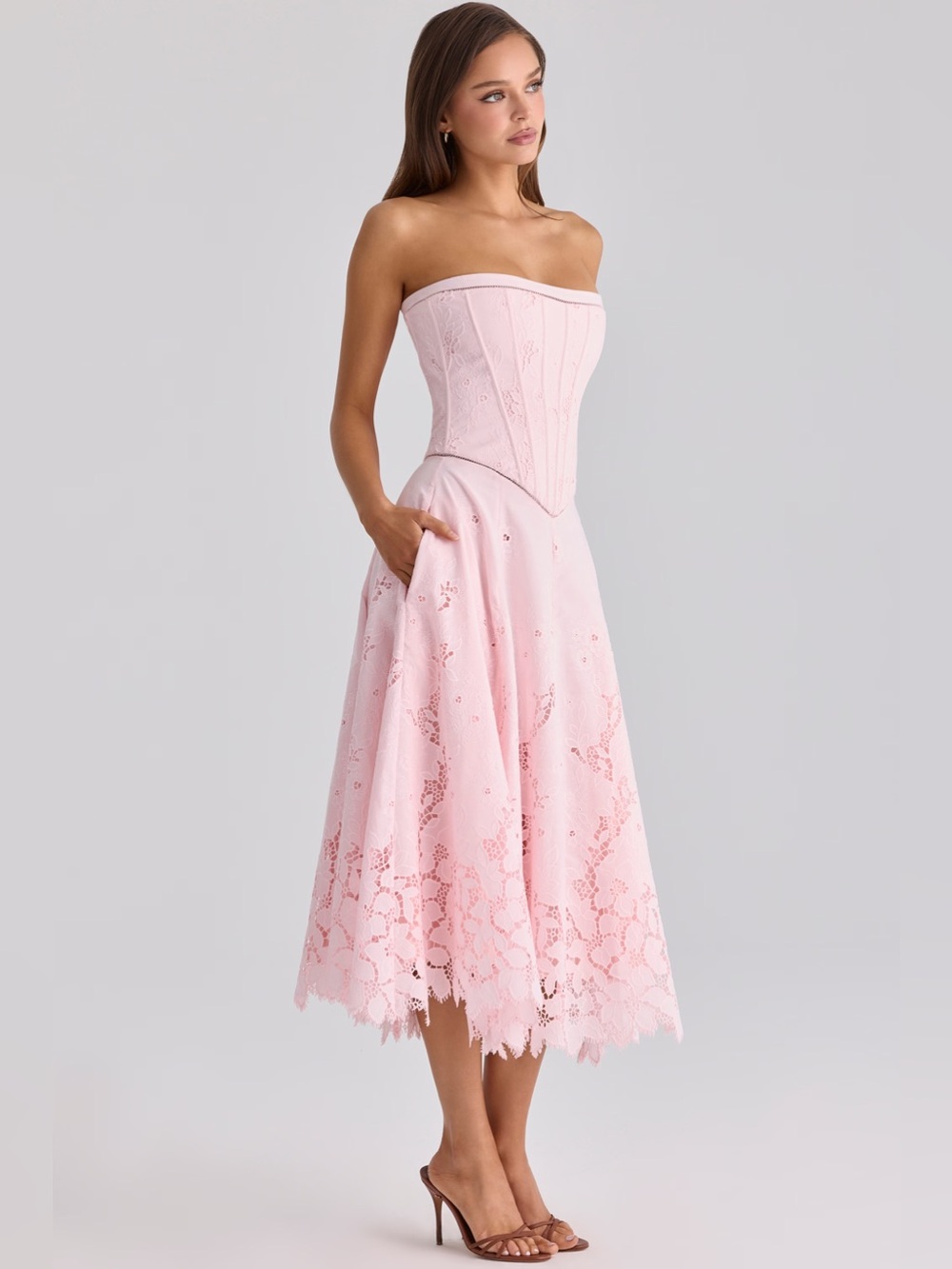 House of CB BELISSA Pink Strapless Custom Lace + Broderie Anglaise Midi Dress - Picture 5 of 11